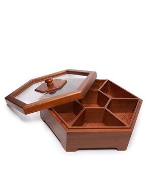Hexagon Wooden Dried Fruit Candy Nut Snack Box 7 Compartment MCM Decor